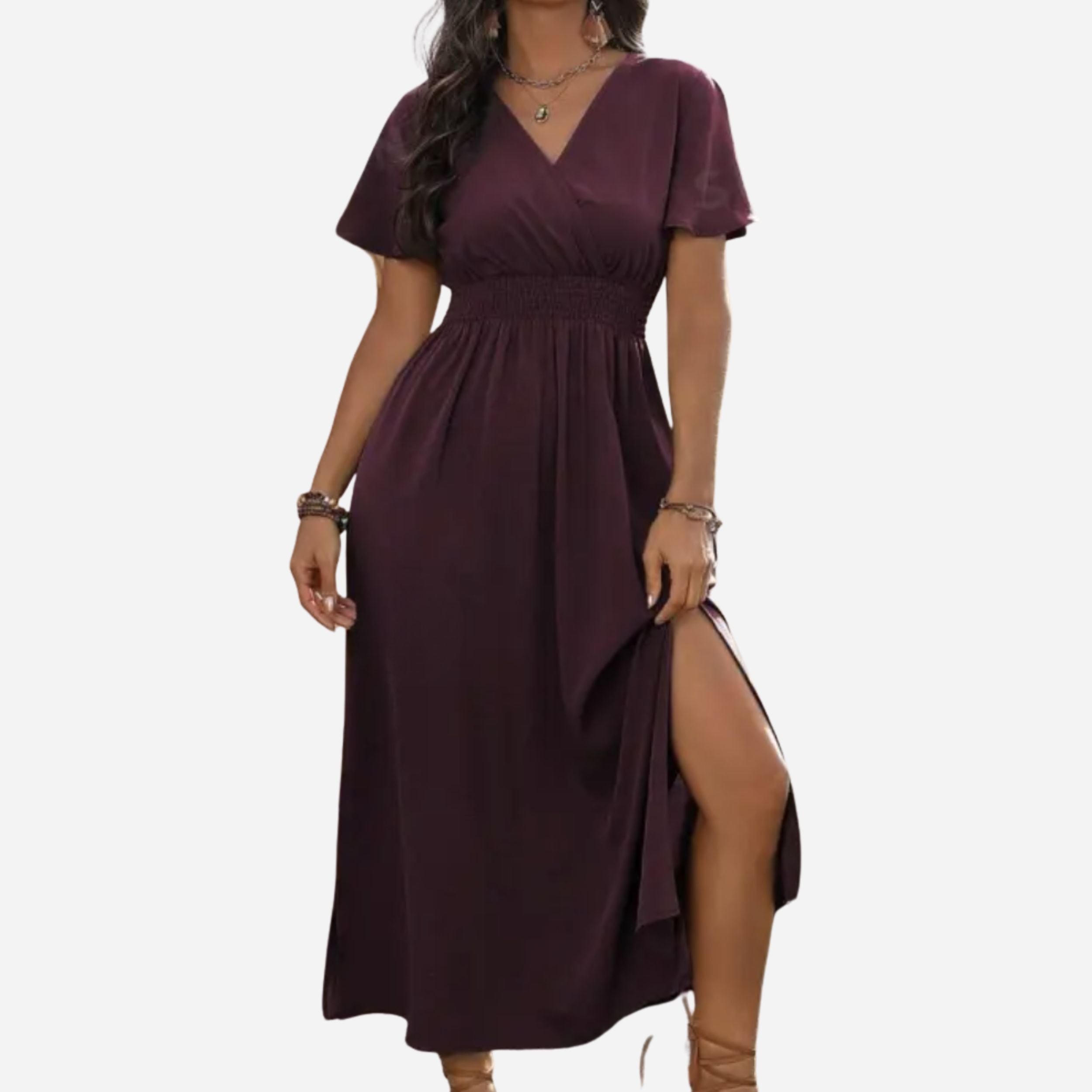 Alveraine | Women’s V-Neck Bell Sleeve Long Dress – Waisted Slim Fit with Slit