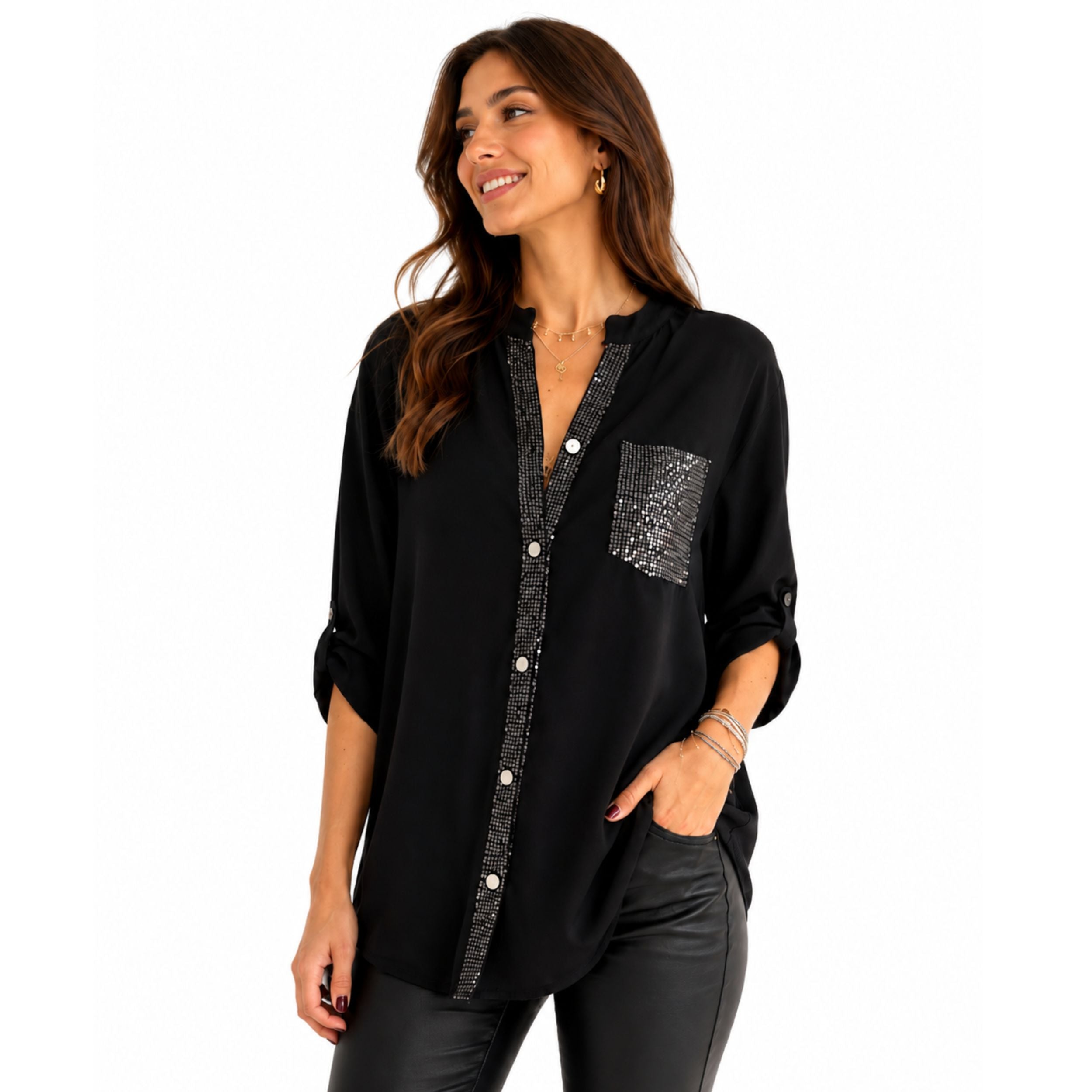 Alveraine | Women's Sequin Pocket Button Shirt - Elegant Commuter Style
