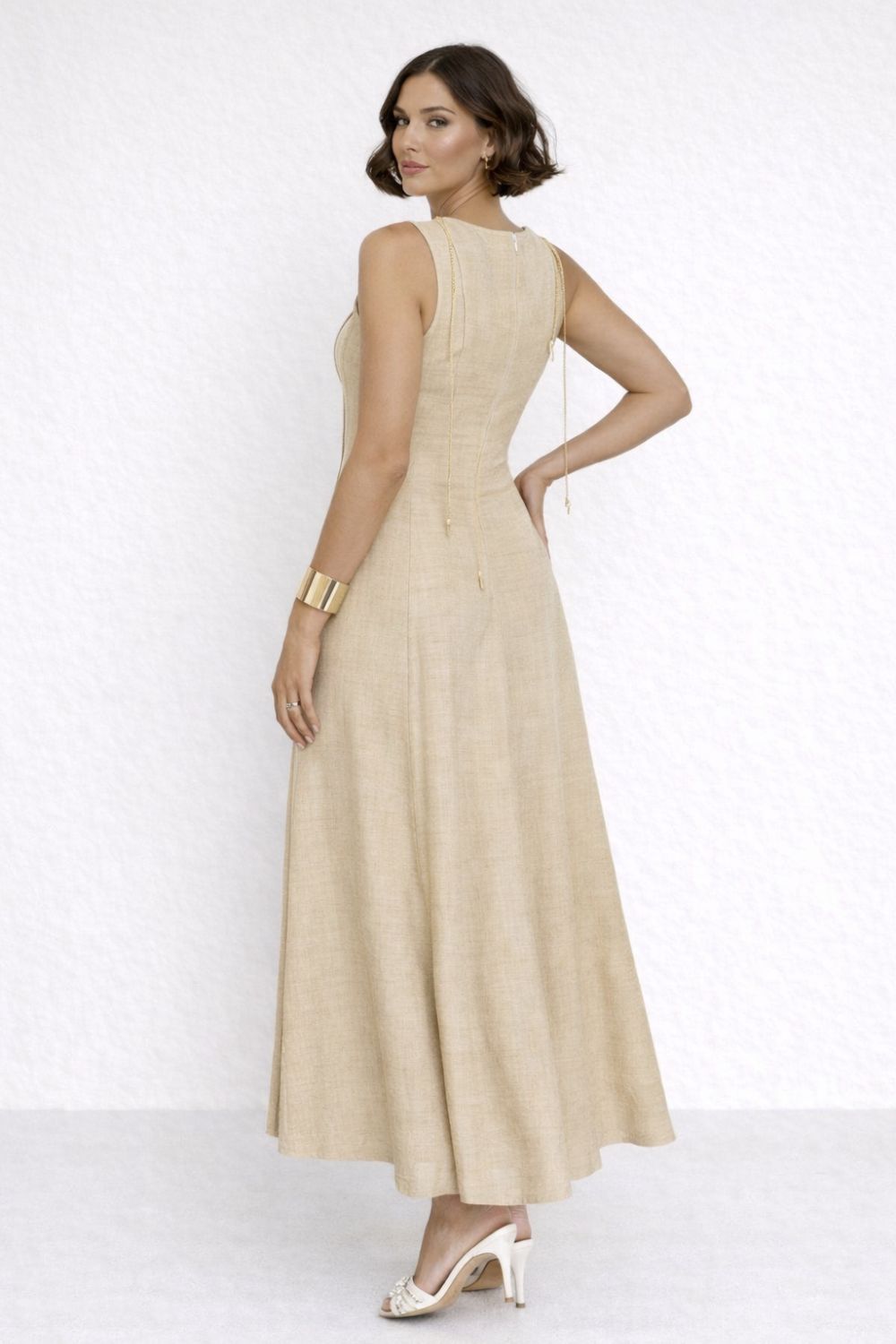 Alveraine | Women’s Linen-Look Long Dress – Pleated Waist A-Line with Slit