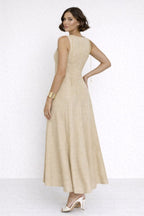 Alveraine | Women’s Linen-Look Long Dress – Pleated Waist A-Line with Slit