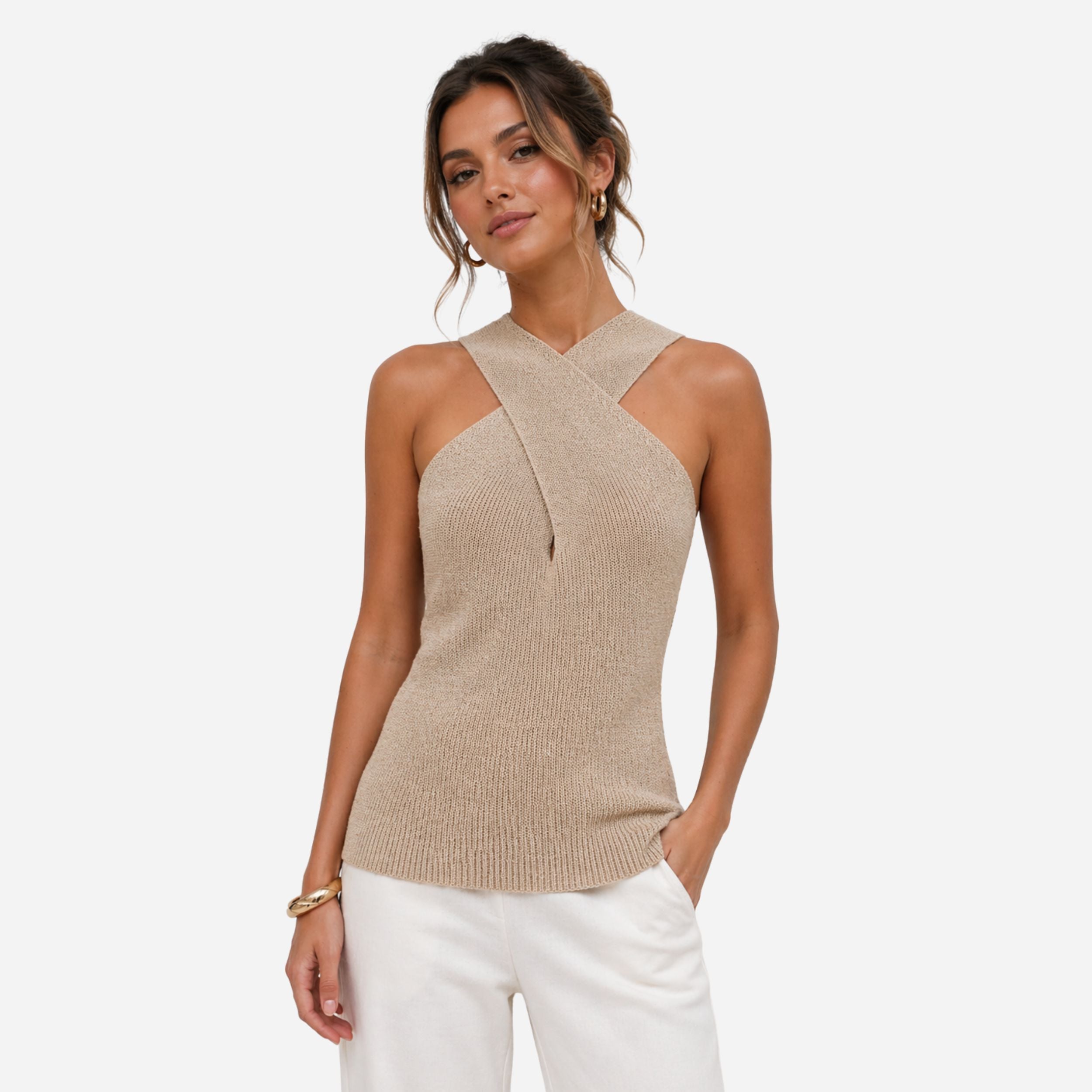 Alveraine | Women’s Cross Halterneck Knitted Top – Elegant Sleeveless Style