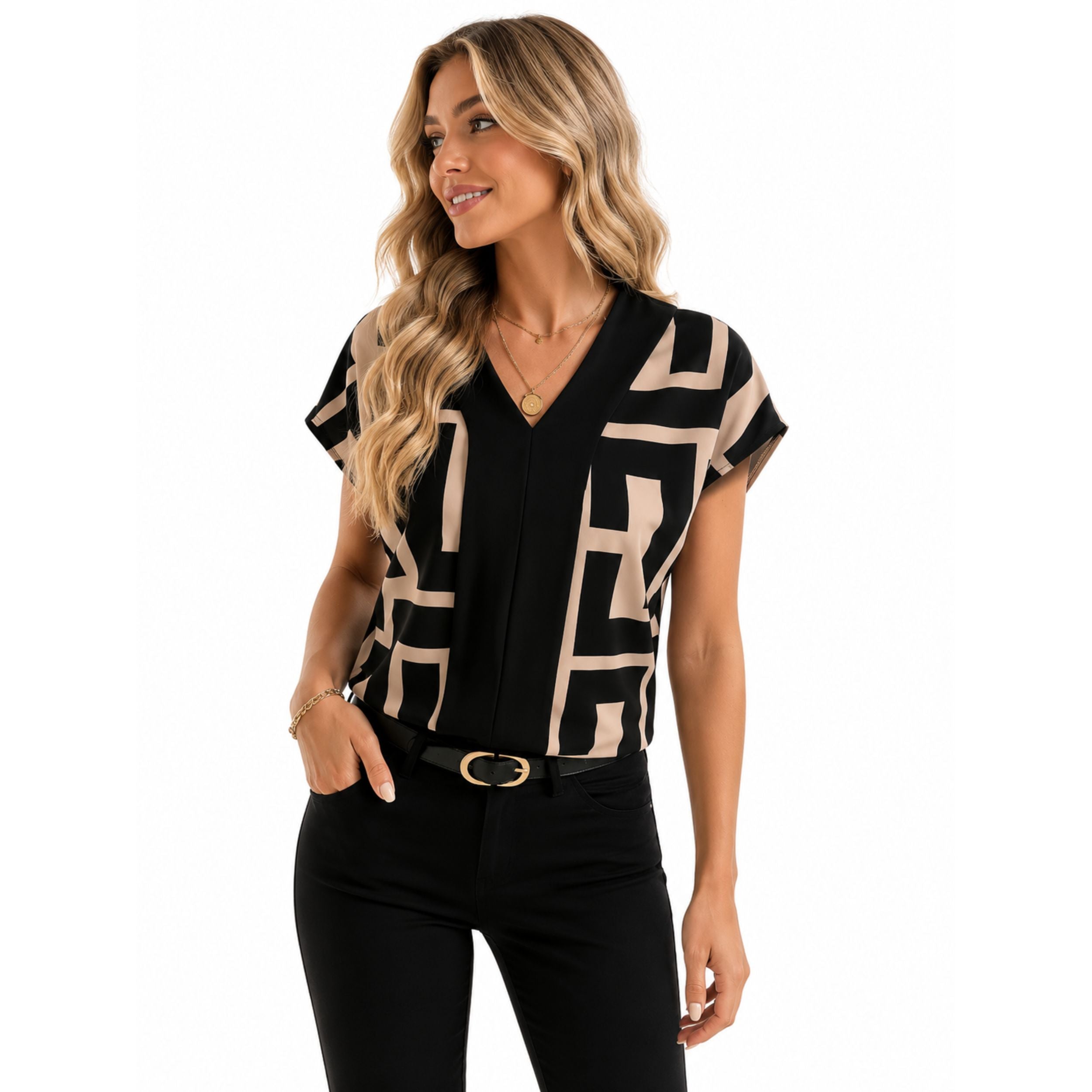 Alveraine | Geometric V-Neck Blouse