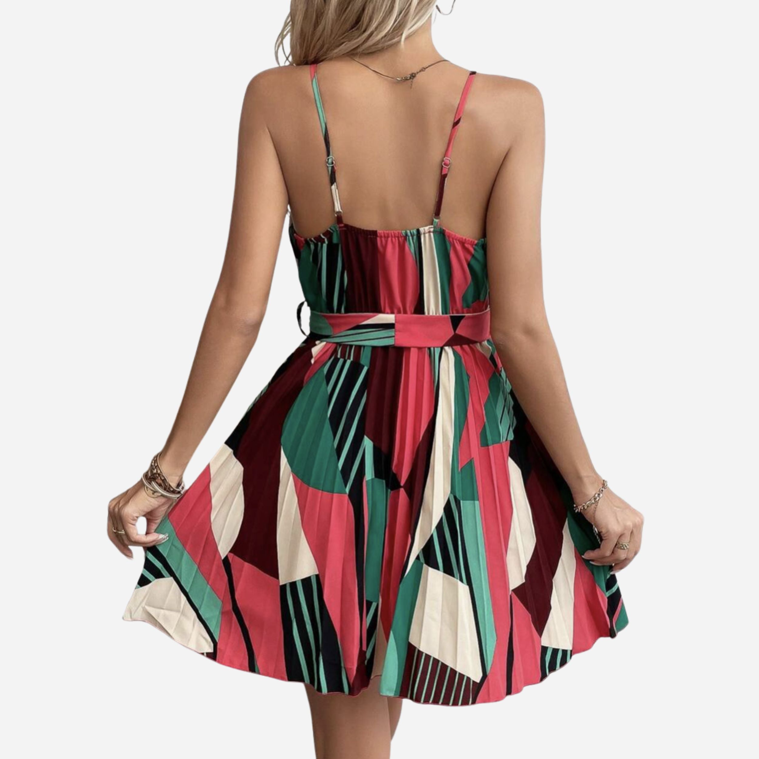 Alveraine | Women’s Geo Print Belted Cami Dress – Pleated Hem Mini