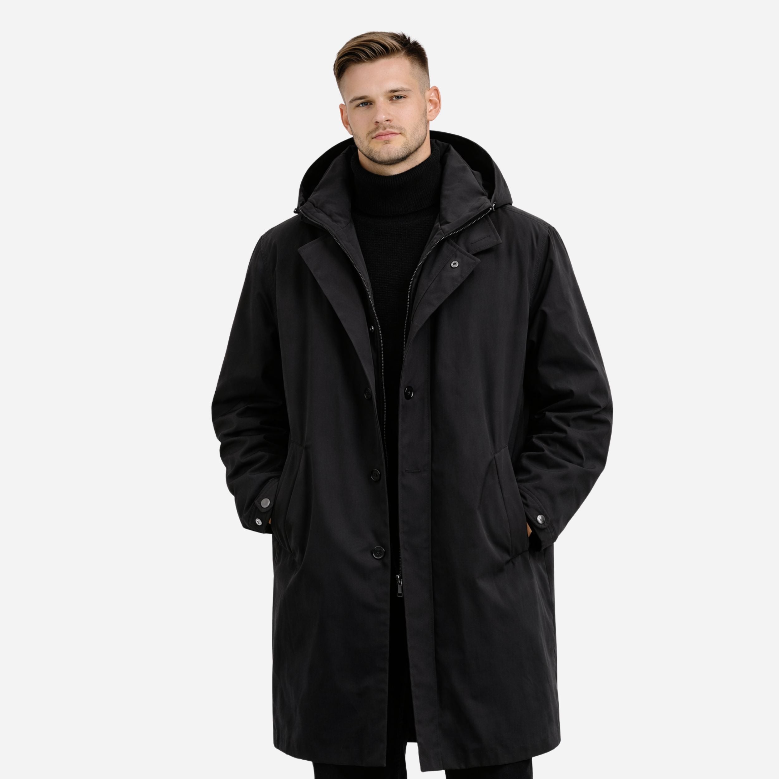Alveraine | Men’s Winter Long Hooded Coat – Structured Cold-Season Outerwear