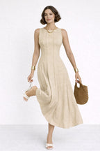 Alveraine | Women’s Linen-Look Long Dress – Pleated Waist A-Line with Slit
