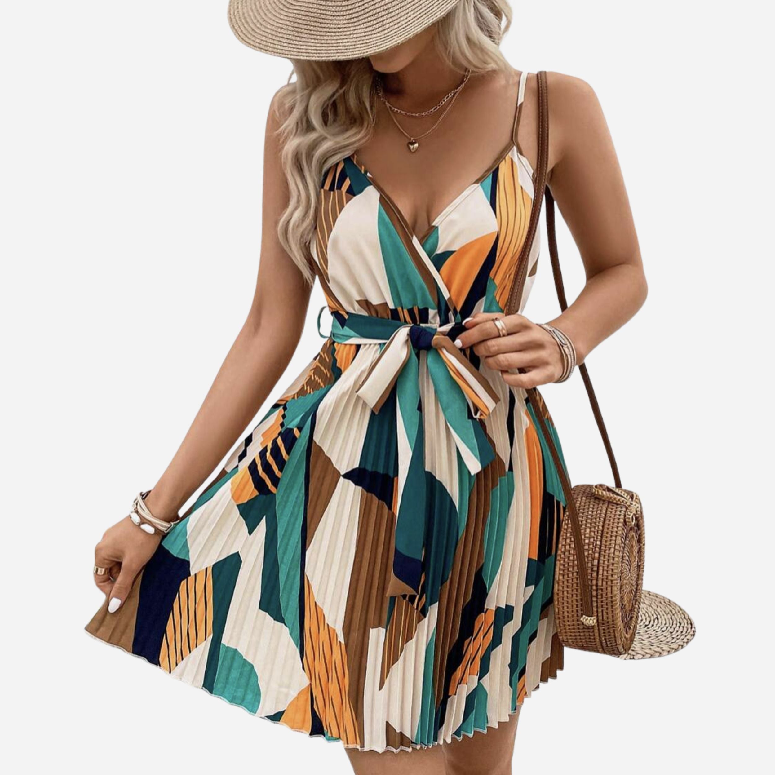 Alveraine | Women’s Geo Print Belted Cami Dress – Pleated Hem Mini