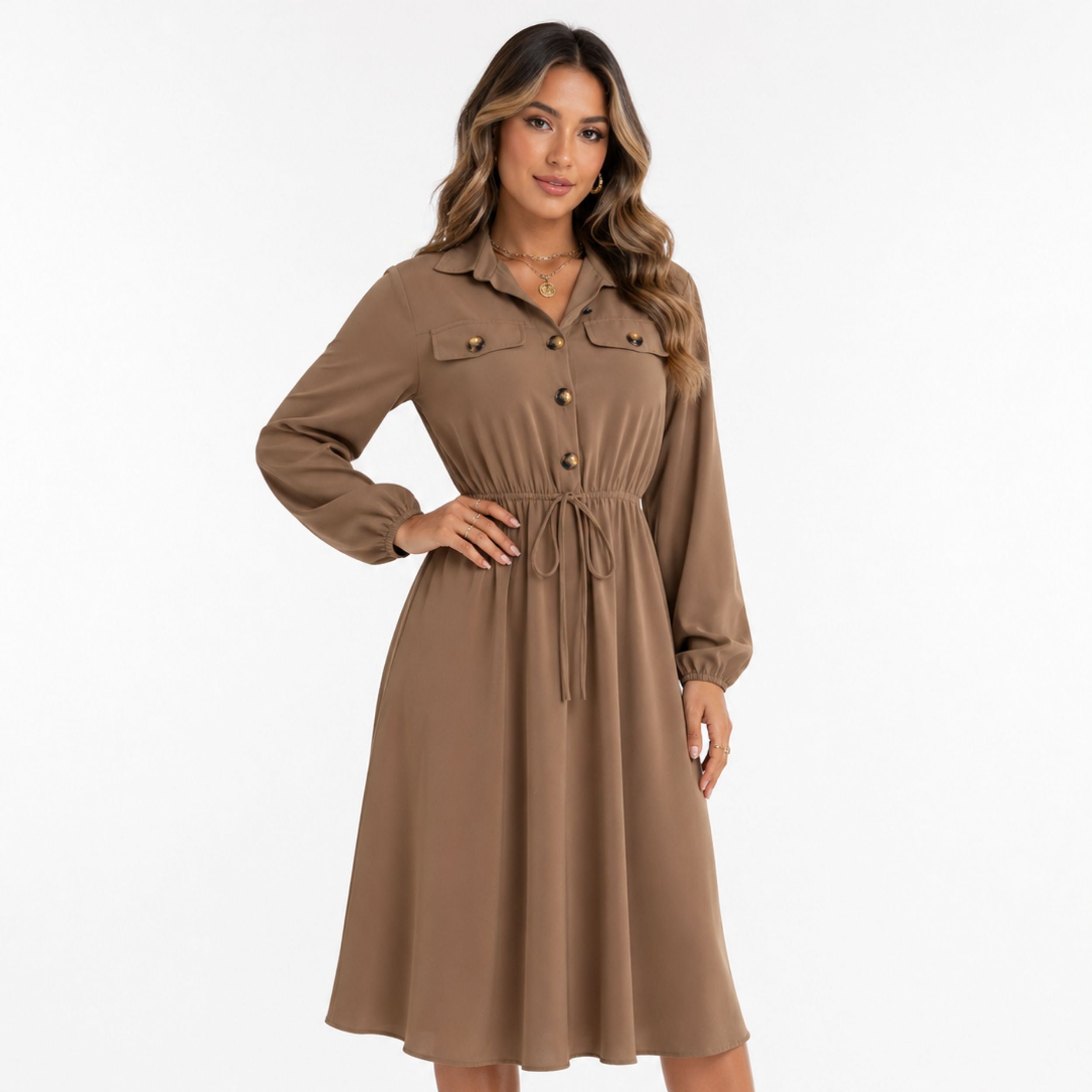 Alveraine | Women’s Button Tie Waist Shirt Dress – Elegant Everyday Style
