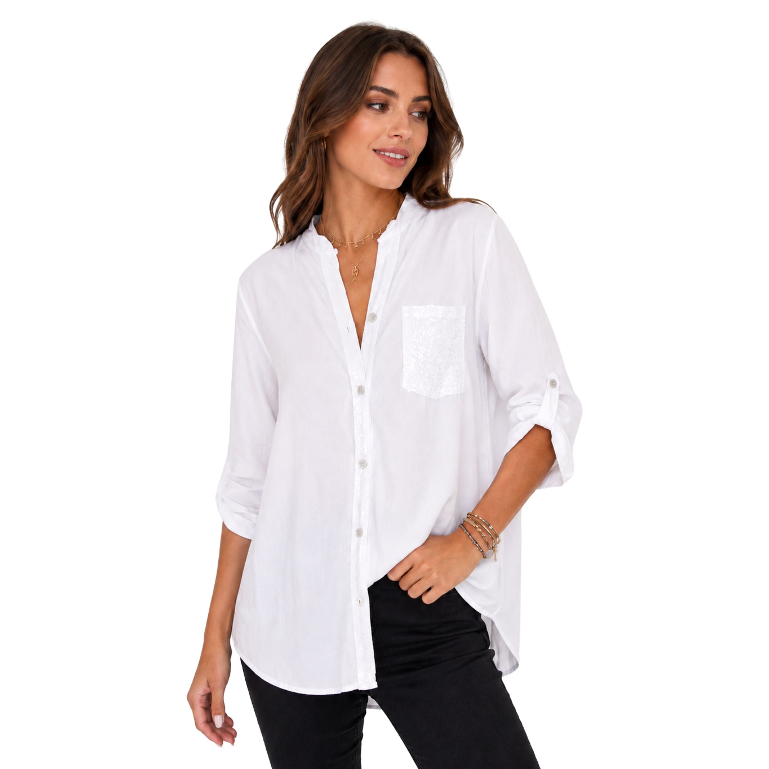 Alveraine | Women's Sequin Pocket Button Shirt - Elegant Commuter Style