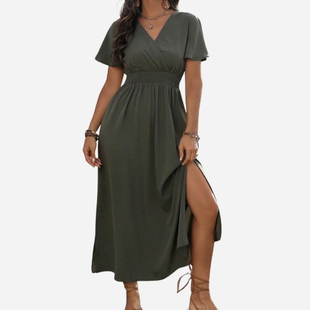 Alveraine | Women’s V-Neck Bell Sleeve Long Dress – Waisted Slim Fit with Slit