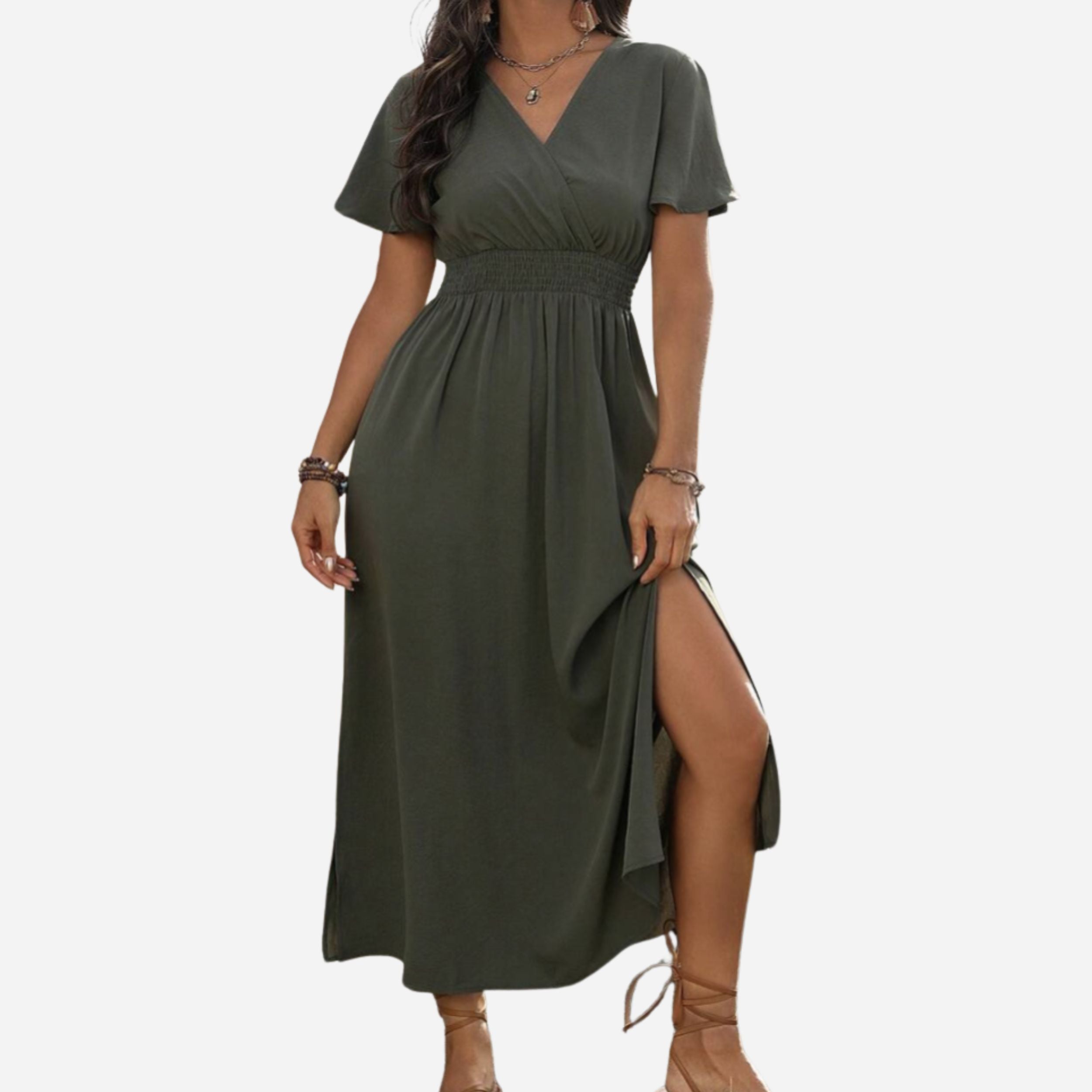 Alveraine | Women’s V-Neck Bell Sleeve Long Dress – Waisted Slim Fit with Slit