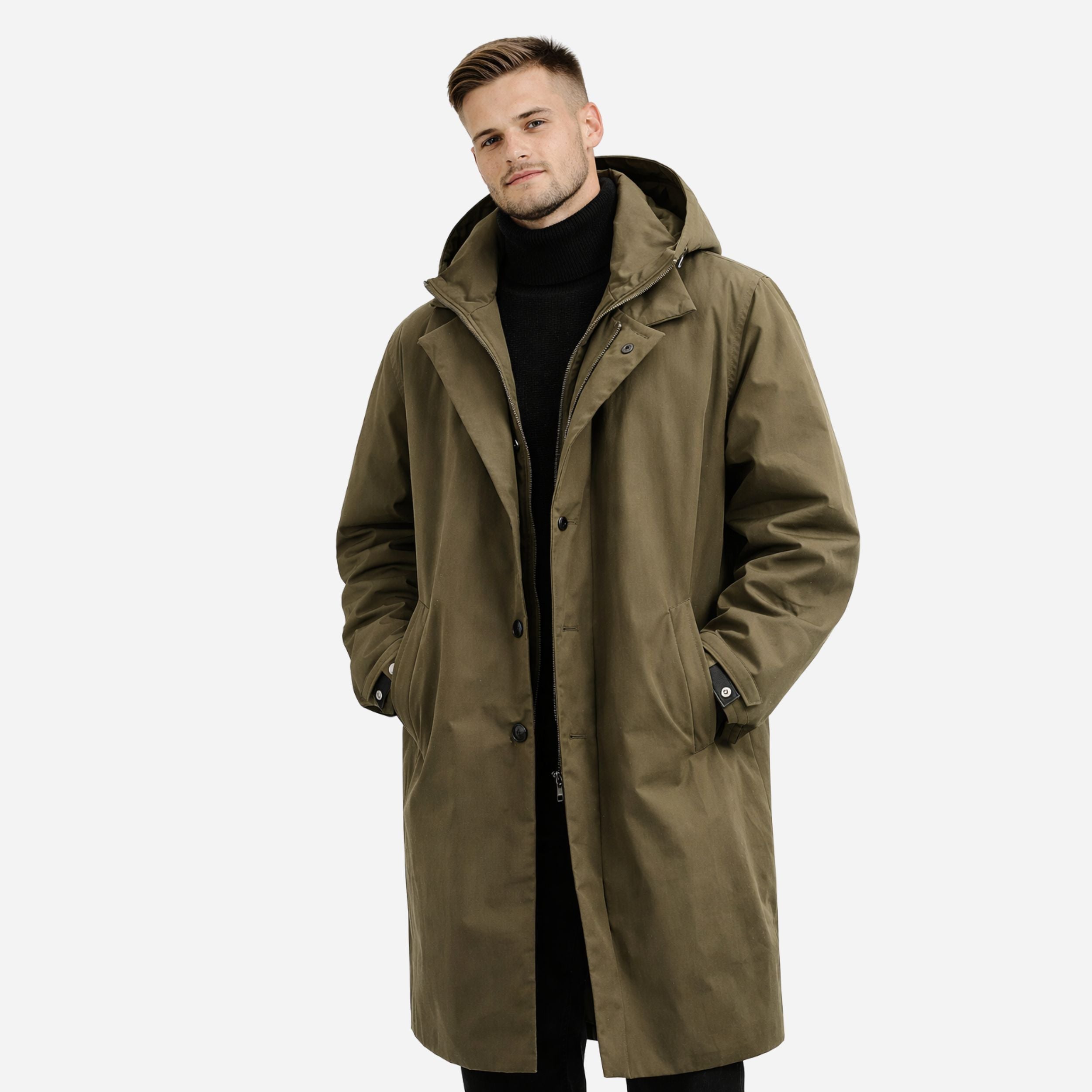 Alveraine | Men’s Winter Long Hooded Coat – Structured Cold-Season Outerwear