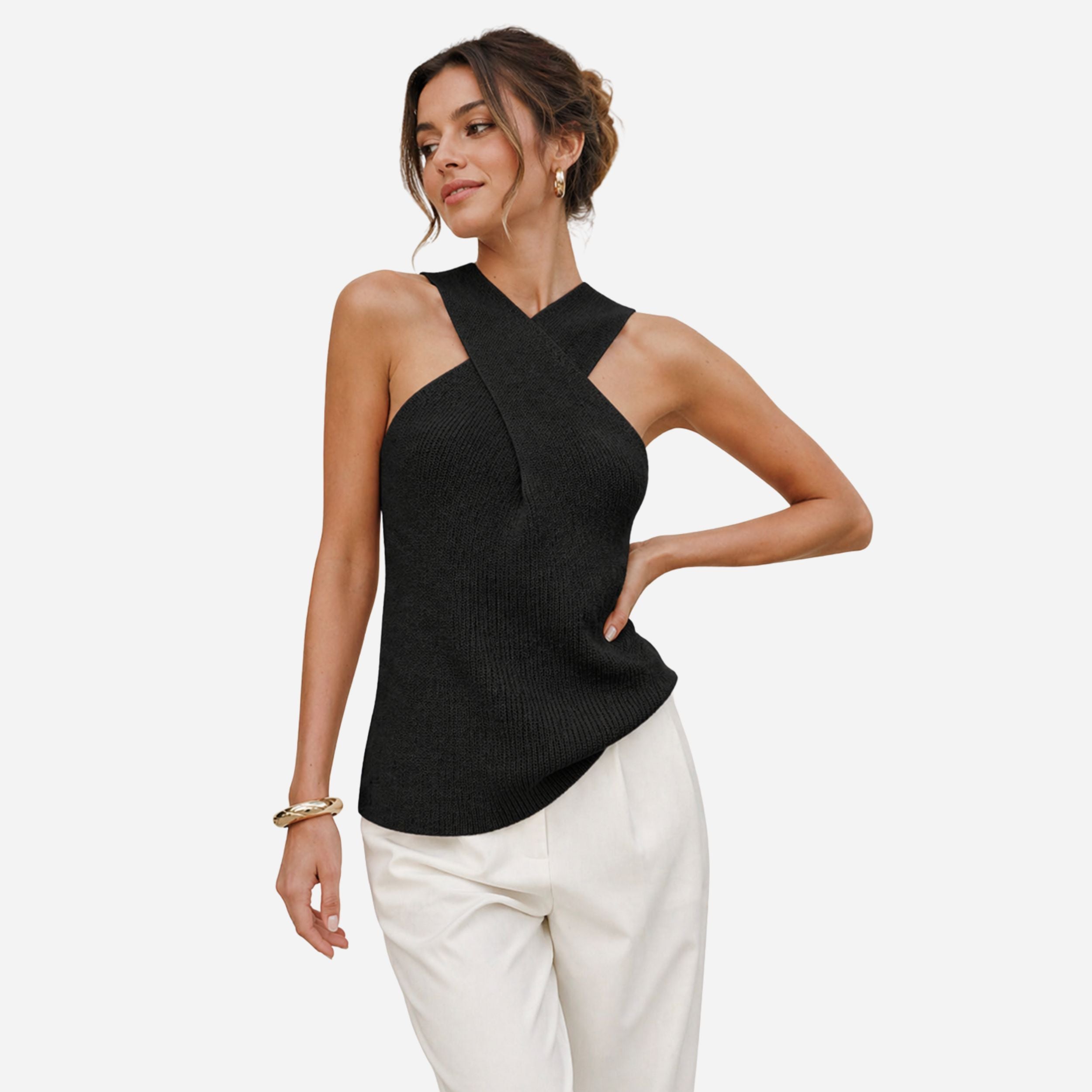 Alveraine | Women’s Cross Halterneck Knitted Top – Elegant Sleeveless Style