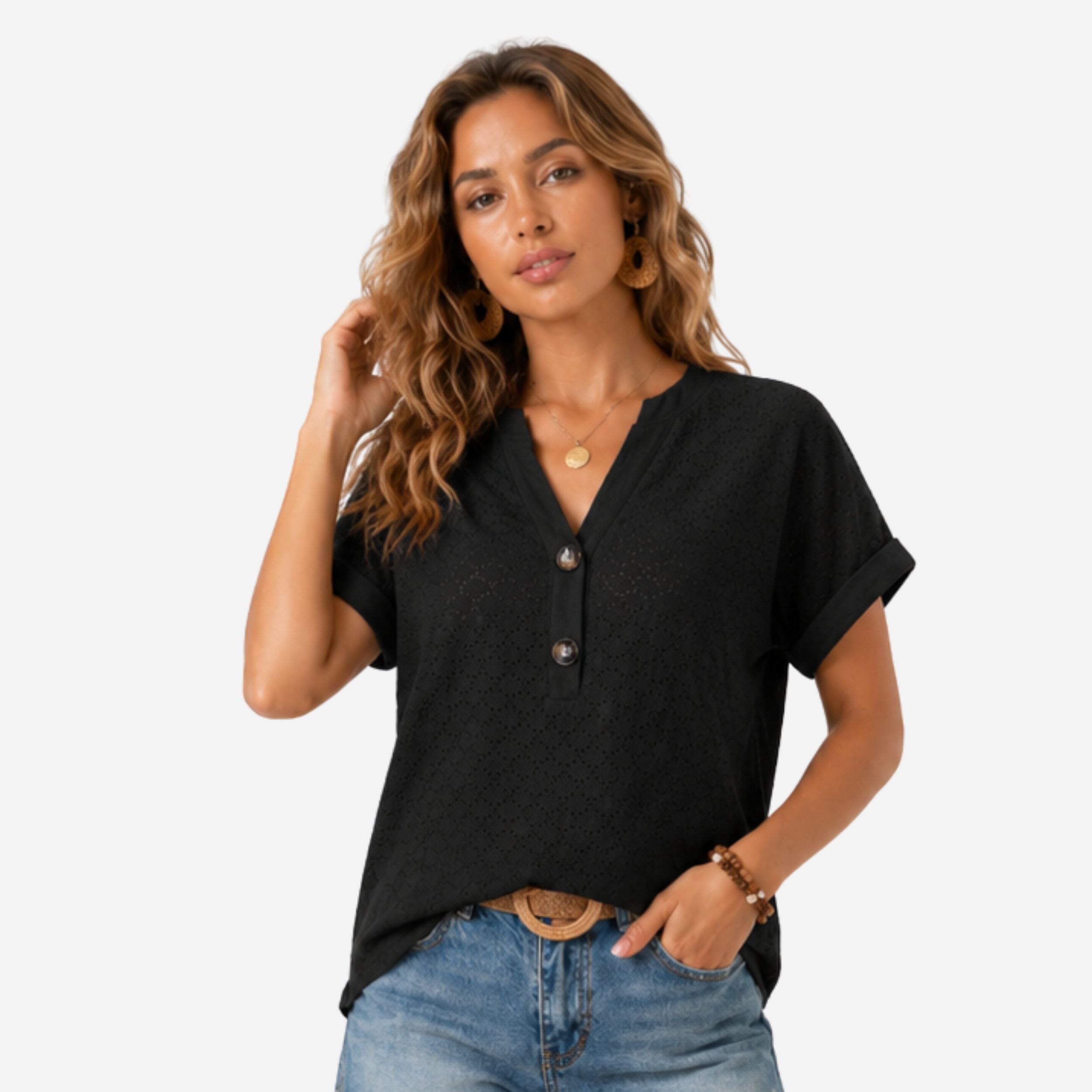 Alveraine | Women’s Button Detail V-Neck T-Shirt – Casual Everyday Style