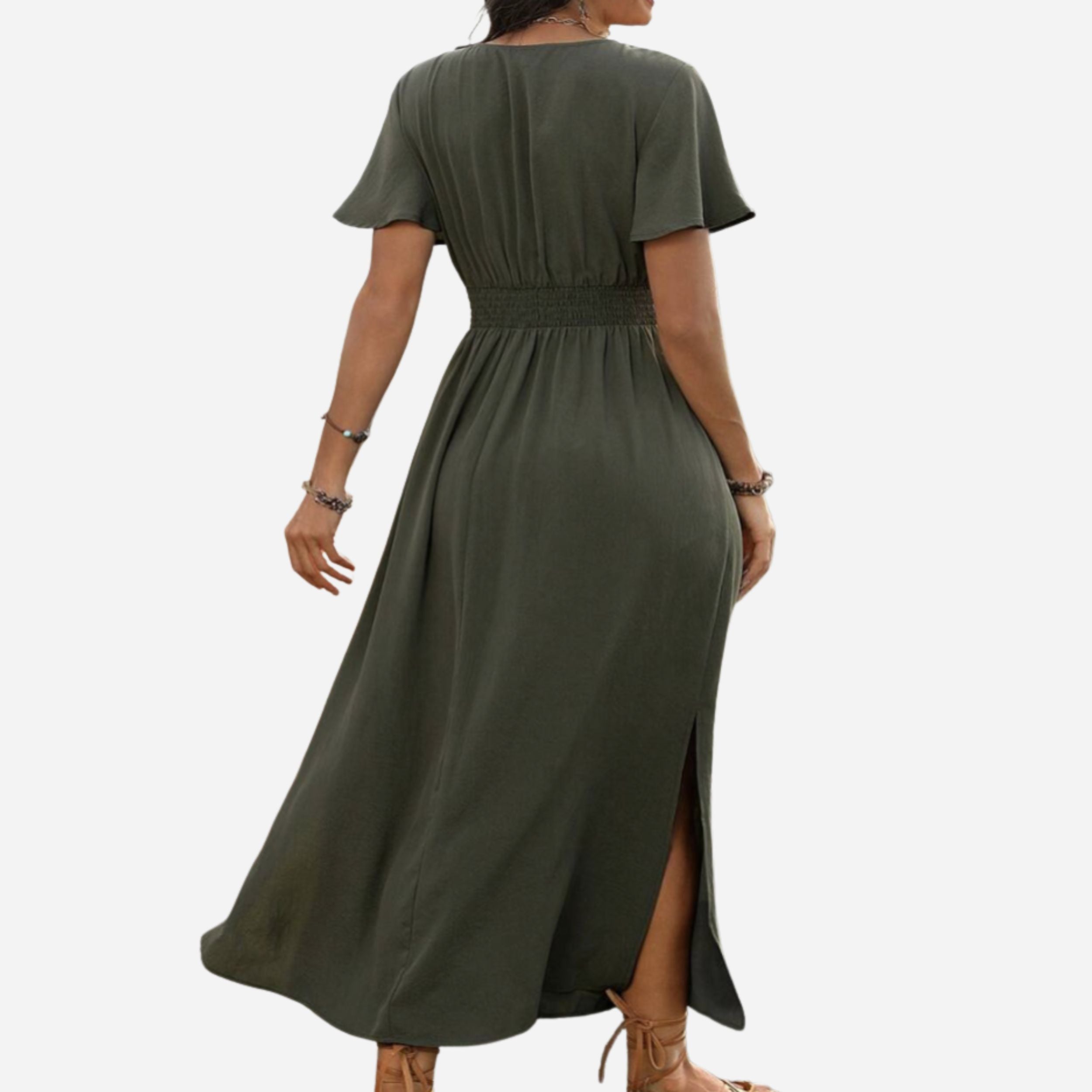 Alveraine | Women’s V-Neck Bell Sleeve Long Dress – Waisted Slim Fit with Slit
