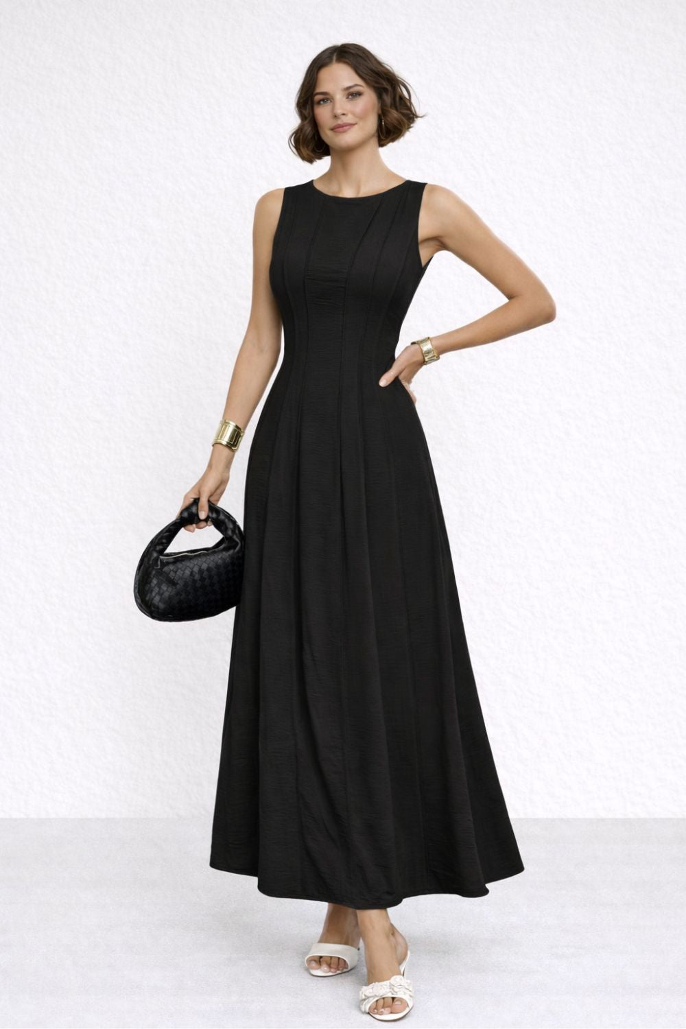 Alveraine | Women’s Linen-Look Long Dress – Pleated Waist A-Line with Slit