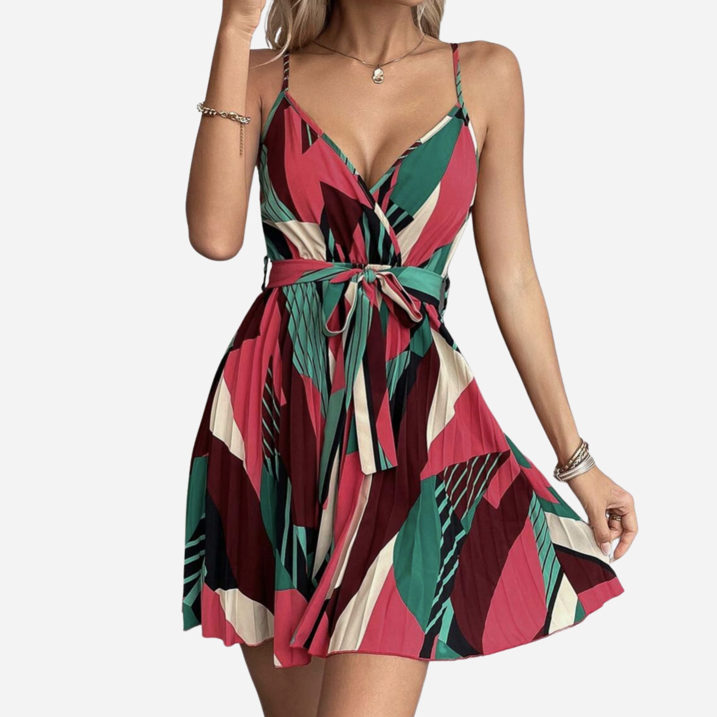 Alveraine | Women’s Geo Print Belted Cami Dress – Pleated Hem Mini