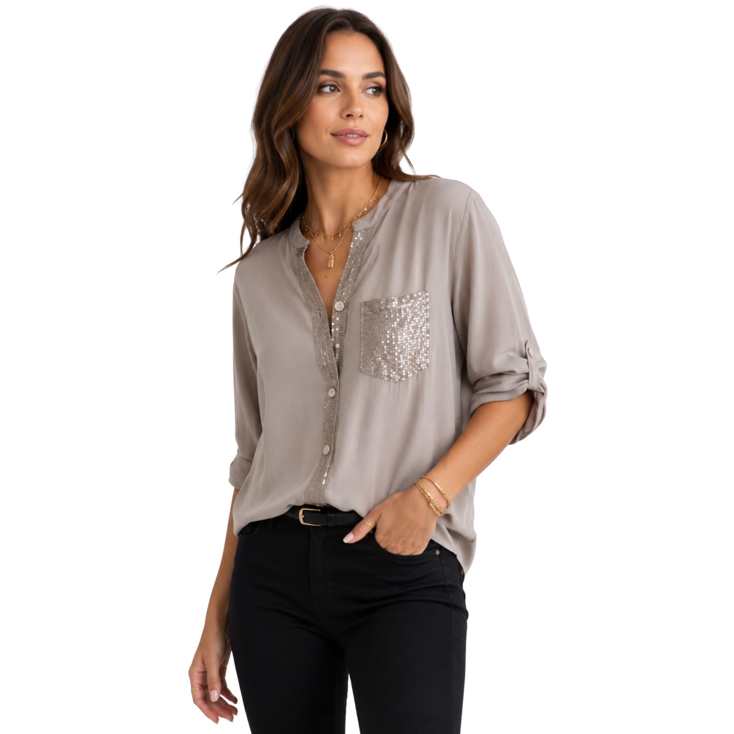 Alveraine | Women's Sequin Pocket Button Shirt - Elegant Commuter Style