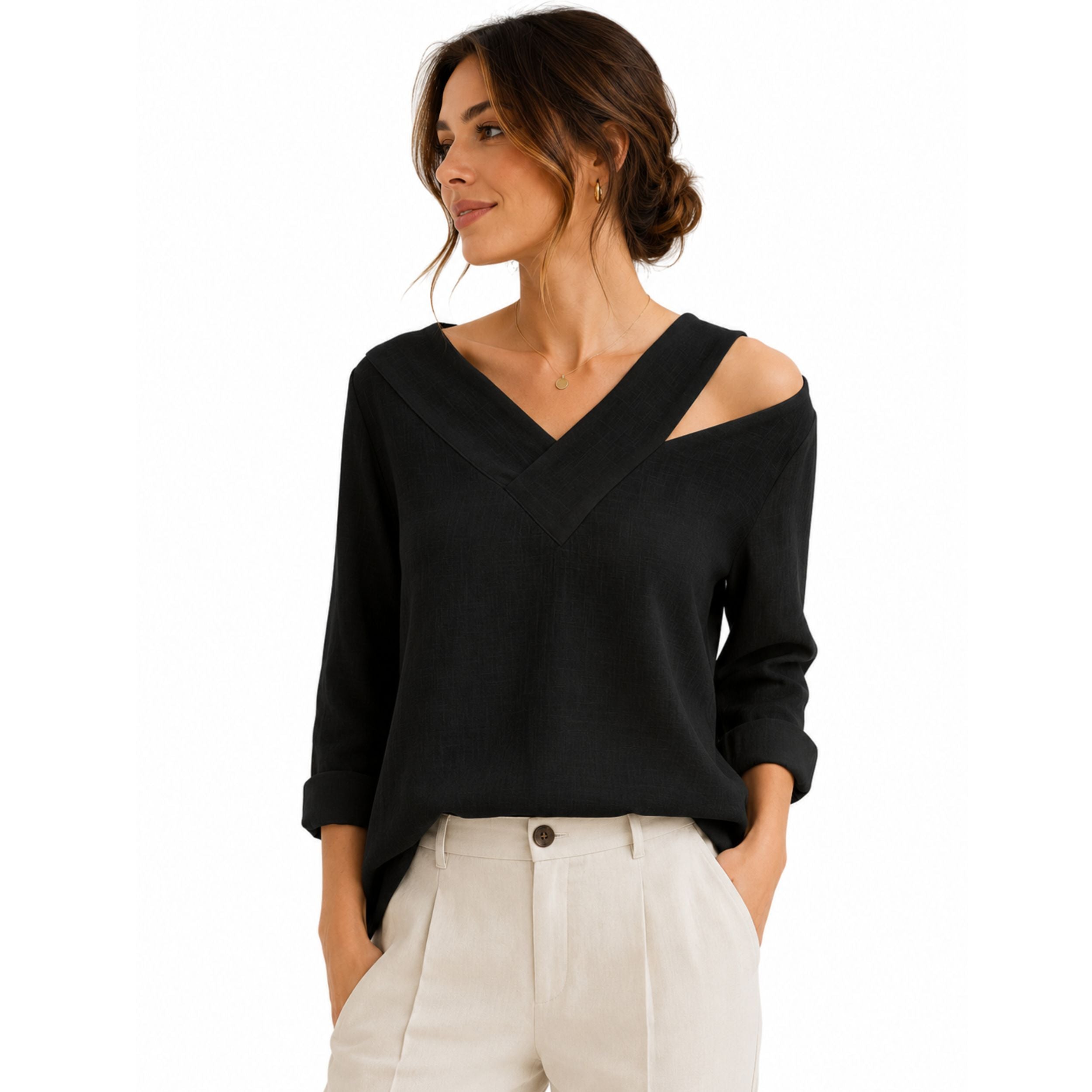 Alveraine | Women's Off-Shoulder V-Neck Long Sleeve Top - Elegant Refined Style
