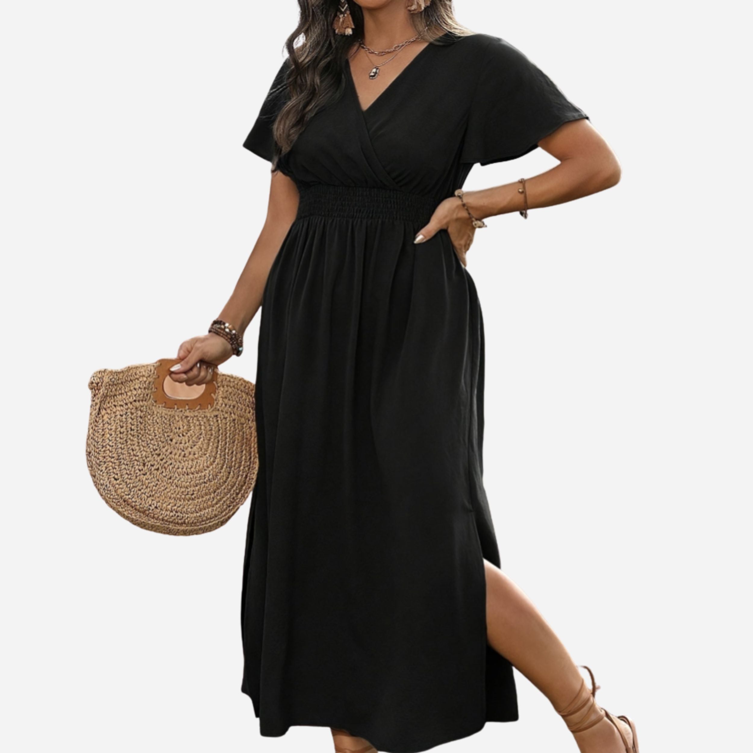 Alveraine | Women’s V-Neck Bell Sleeve Long Dress – Waisted Slim Fit with Slit