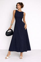 Alveraine | Women’s Linen-Look Long Dress – Pleated Waist A-Line with Slit