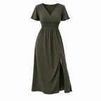 Alveraine | Women’s V-Neck Bell Sleeve Long Dress – Waisted Slim Fit with Slit