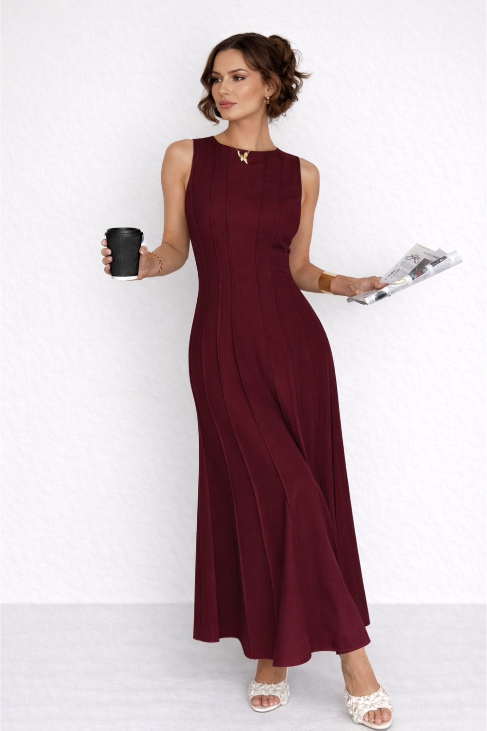 Alveraine | Women’s Linen-Look Long Dress – Pleated Waist A-Line with Slit