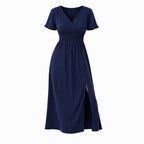 Alveraine | Women’s V-Neck Bell Sleeve Long Dress – Waisted Slim Fit with Slit
