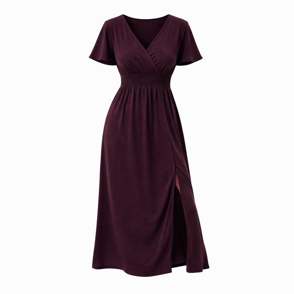 Alveraine | Women’s V-Neck Bell Sleeve Long Dress – Waisted Slim Fit with Slit