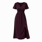 Alveraine | Women’s V-Neck Bell Sleeve Long Dress – Waisted Slim Fit with Slit