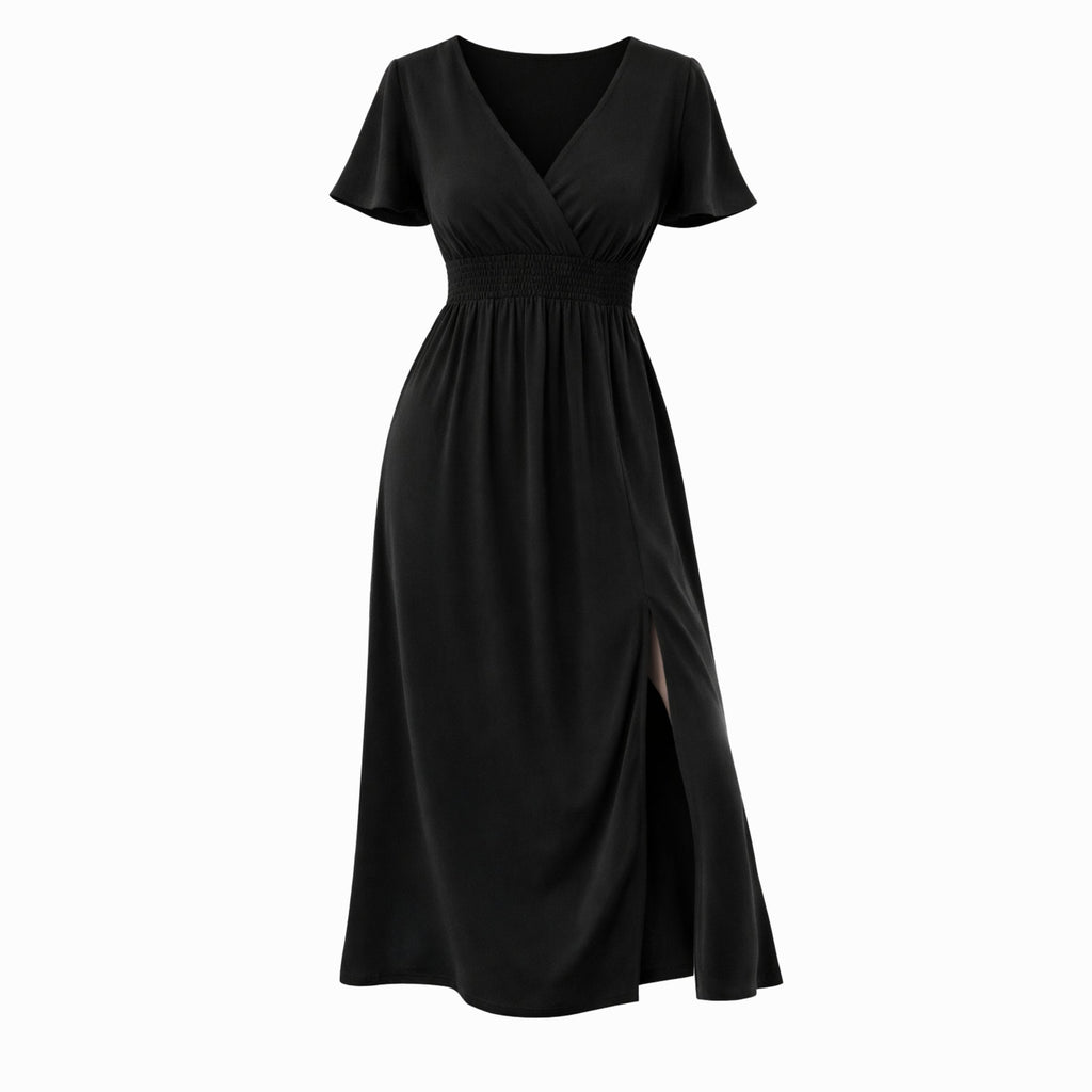 Alveraine | Women’s V-Neck Bell Sleeve Long Dress – Waisted Slim Fit with Slit
