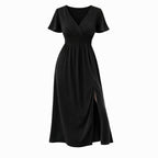 Alveraine | Women’s V-Neck Bell Sleeve Long Dress – Waisted Slim Fit with Slit